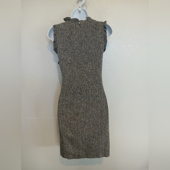 LOFT Grey & Black Tweed Sleeveless Sheath Dress Ruffle Neck & Sleeves. Cotton - Picture 6 of 9